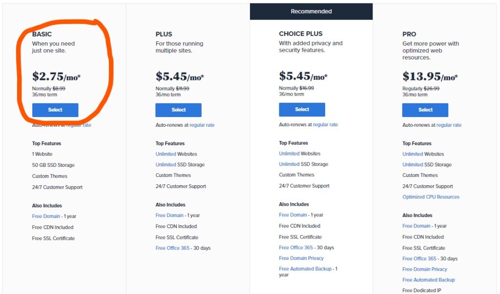 Bluehost Select Pricing options