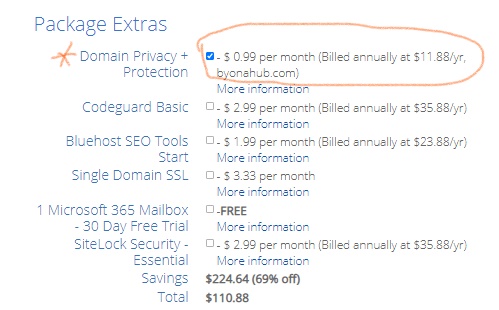 bluehost package extras