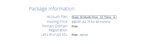 Bluehost package information