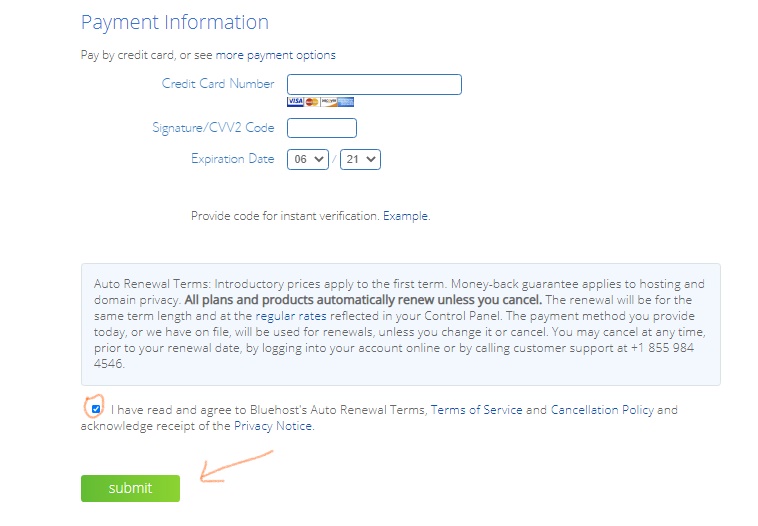 bluehost payment information