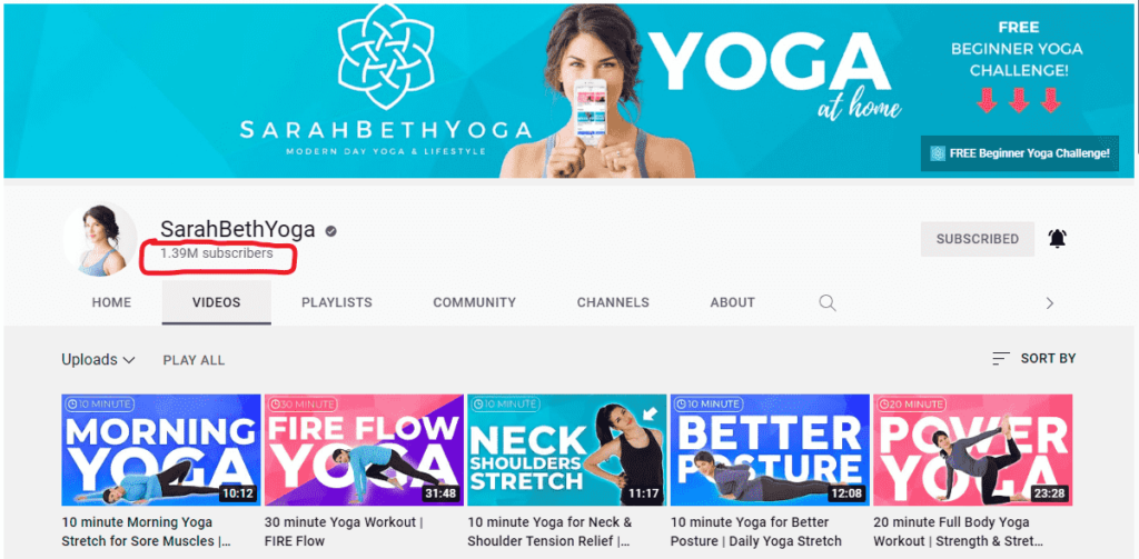 Sara Beth Yoga the Most Views and Subscribers on YouTube